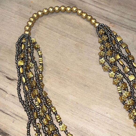 8 Strand Gold Pewter Mixed Bead And Seed Beads Necklace, 40” - Picture 4 of 6